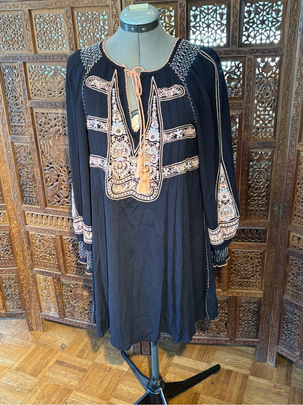 Free People Black Embroidered Boho Tunic Dress with Pink Accents